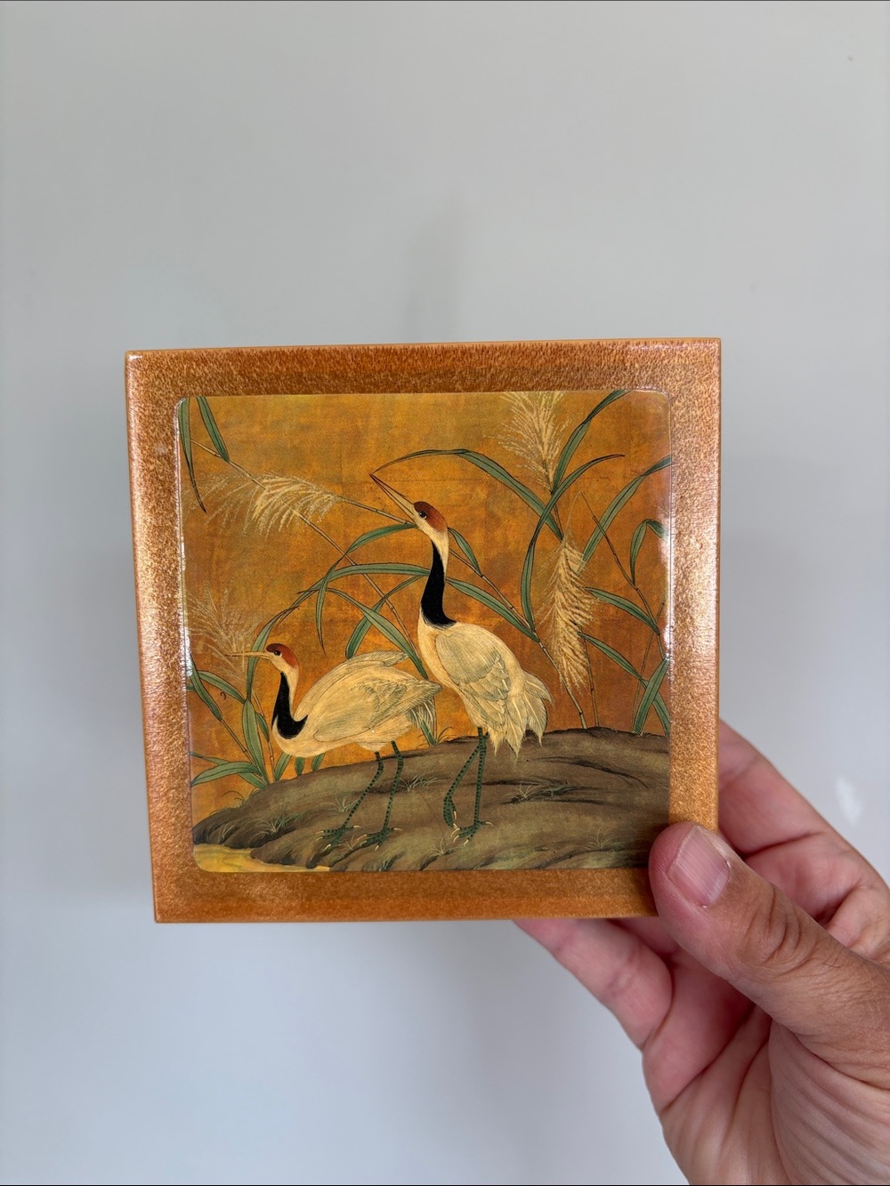 Vintage Japanese Crane Coaster set with wooden keepsake box set of 6 1990s